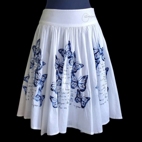NWT Desigual Embroidered Butterfly Swing Flouncy Flowy Skirt White Blue Size S - Picture 1 of 16